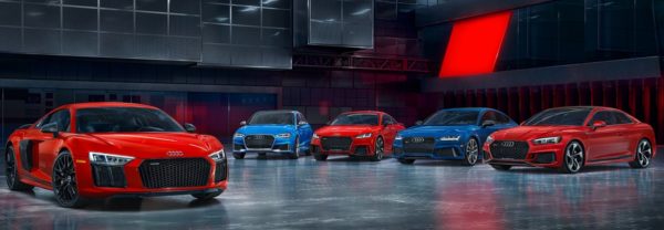 A lineup of Audi sport performance vehicles